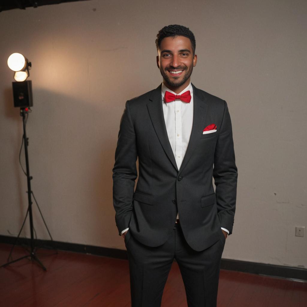 Confident Man in Black Tuxedo with Red Bow Tie