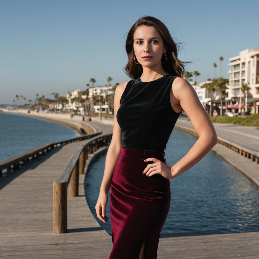 Confident Woman on Pier with Coastal Backdrop