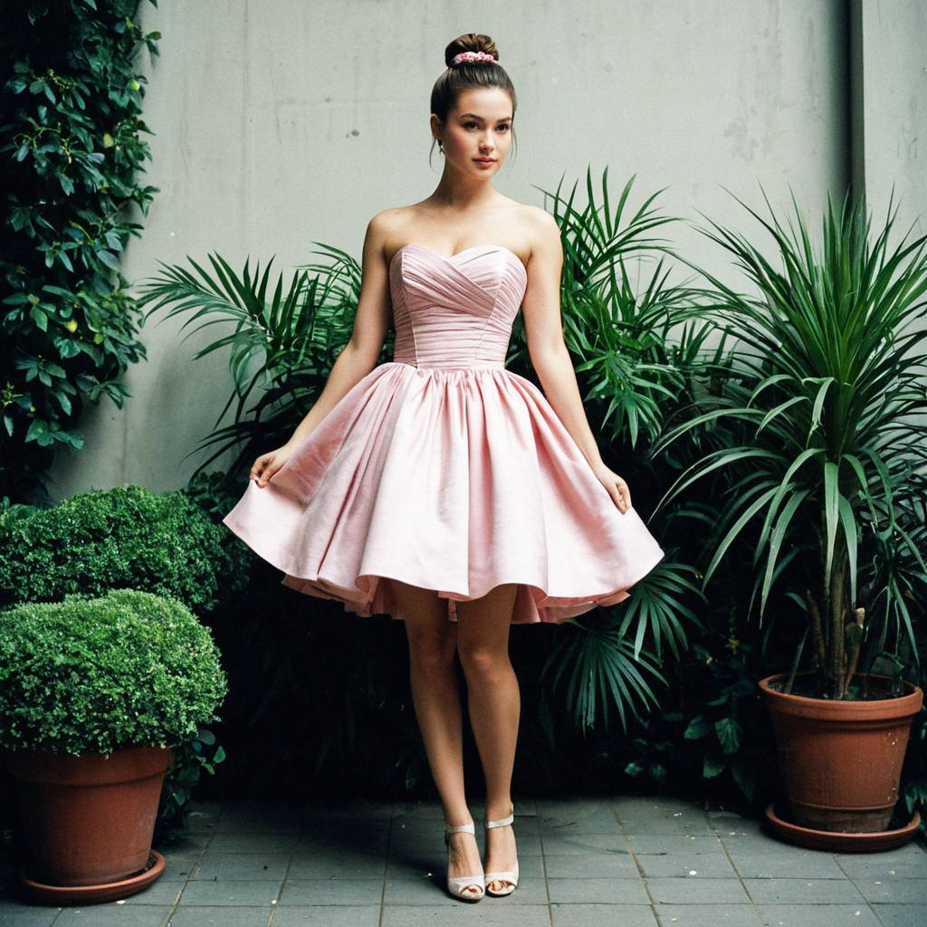Elegant Young Woman in Blush Pink Ball Gown