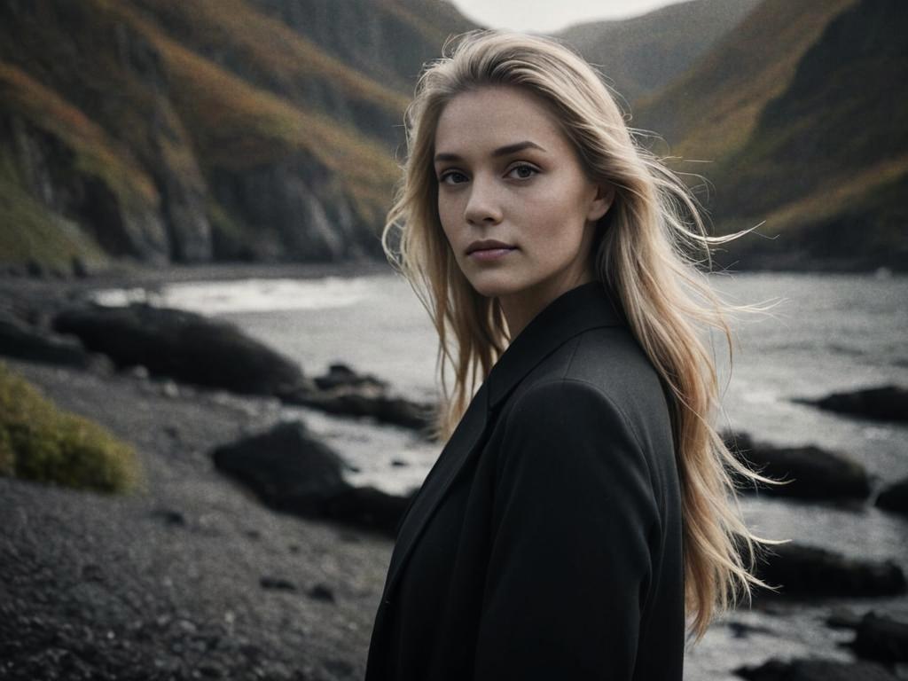 Portrait of a Woman with Blonde Hair in Coastal Landscape