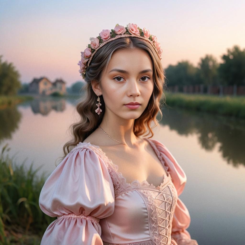 Woman in Floral Crown and Pink Gown by Water