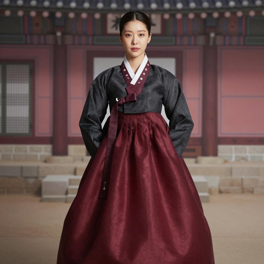 Young Woman in Traditional Korean Hanbok Dress in Historic Setting