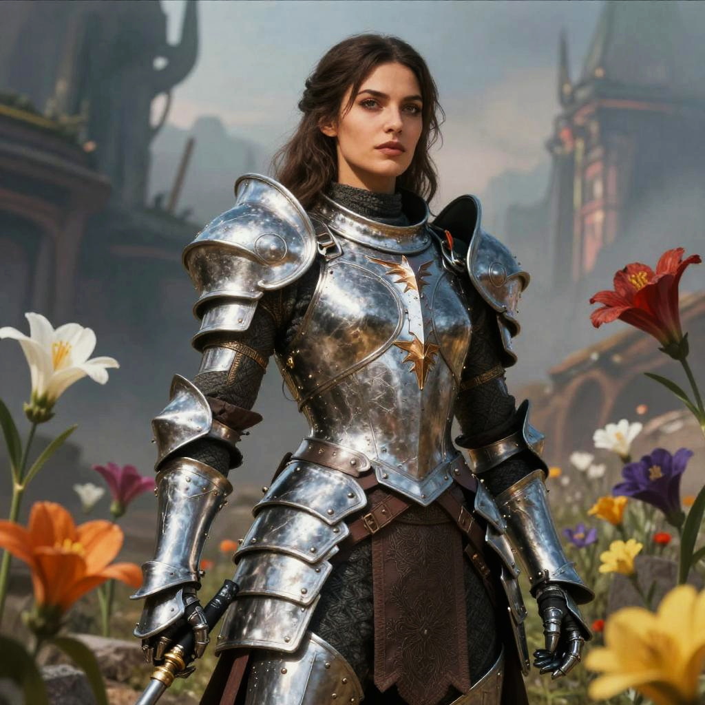 Young Woman in Shining Medieval Armor Among Colorful Flowers