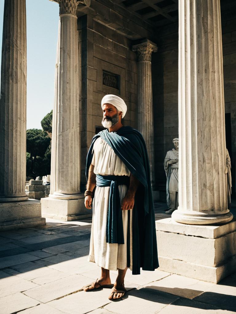 Man in Ancient Greco-Roman Clothing Standing Among Marble Columns
