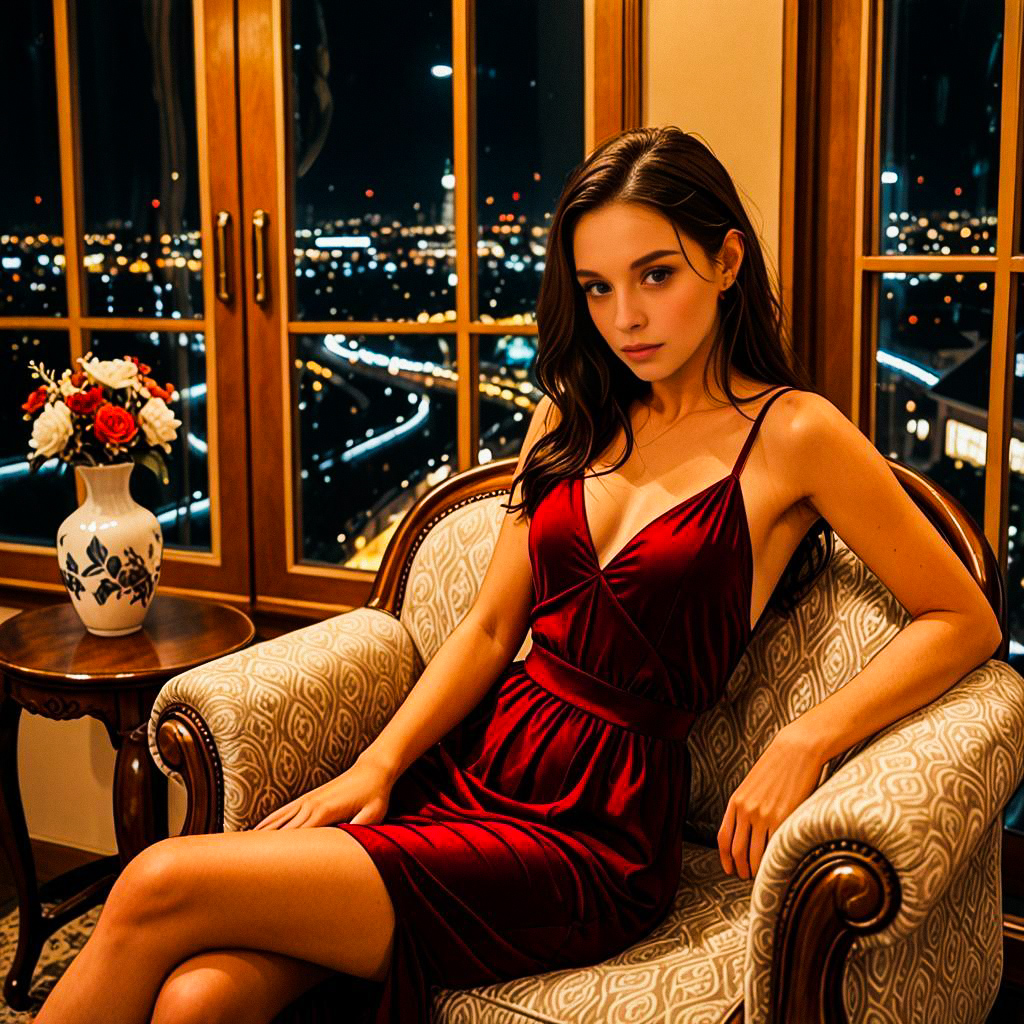 Elegant Woman in Red Velvet Dress by Cityscape Window Elegant Woman in Red Velvet Dress by Cityscape Window