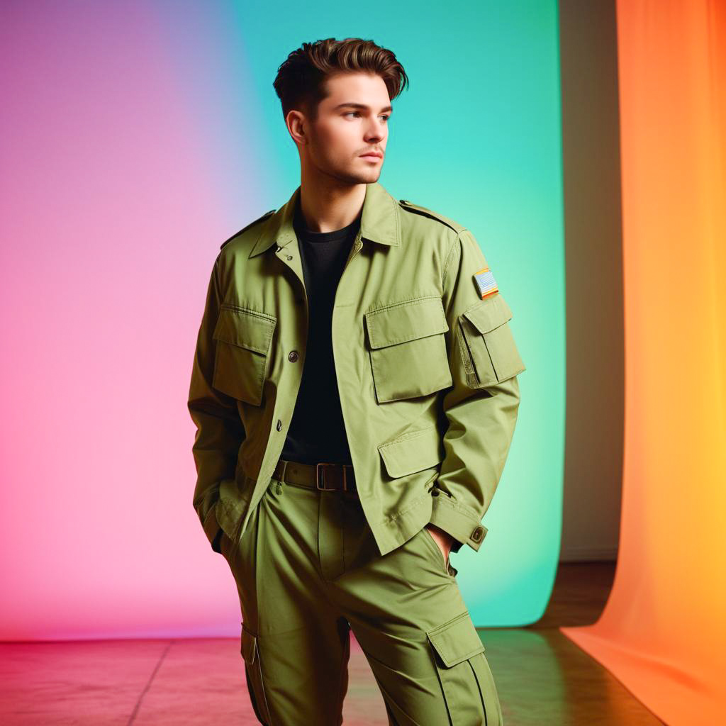 Stylish Young Man in Olive-Green Military Outfit