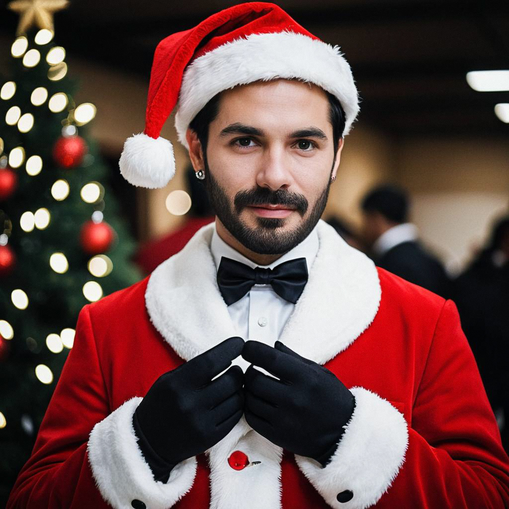 Confident Man in Santa Suit at Festive Event
