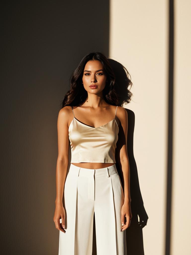 Elegant Woman in Satin Crop Top and White Pleated Pants Fashion Portrait
