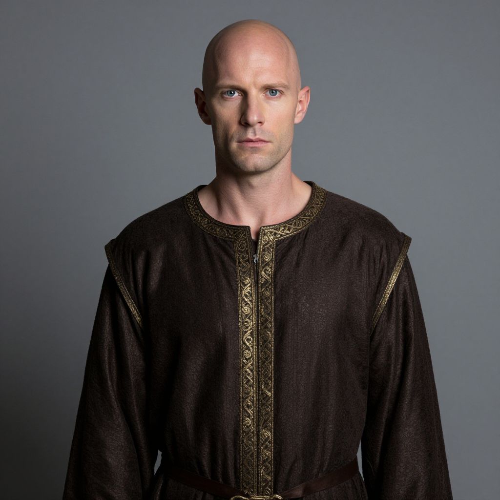 Serious Bald Man in Medieval Brown Tunic with Gold Embroidery