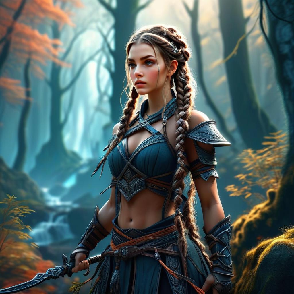 Fantasy Woman Warrior in Mystical Forest with Braided Hair