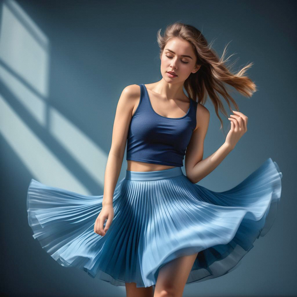 Young Woman in Light Blue Pleated Skirt