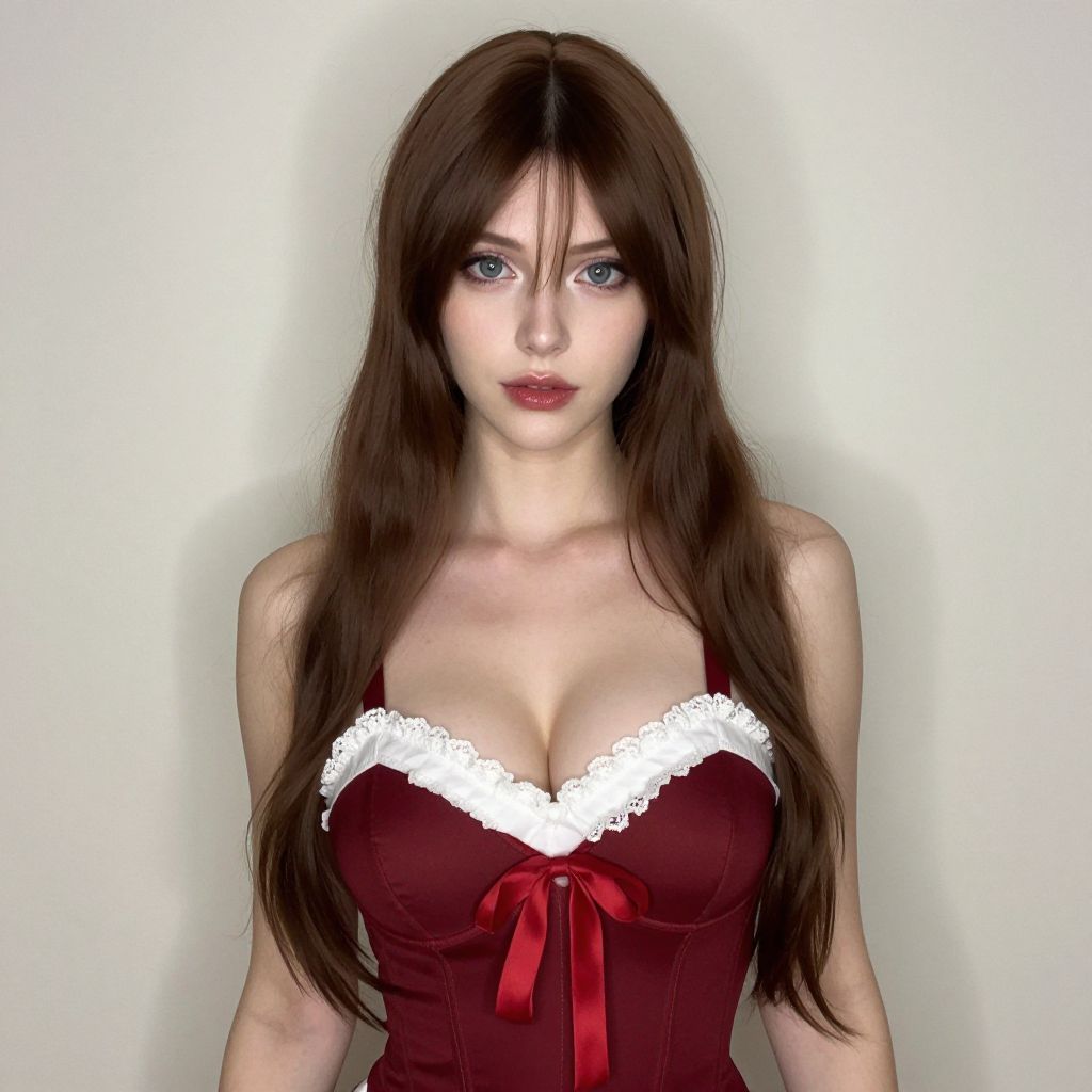 Elegant Young Woman Wearing Burgundy Corset with White Lace Trim