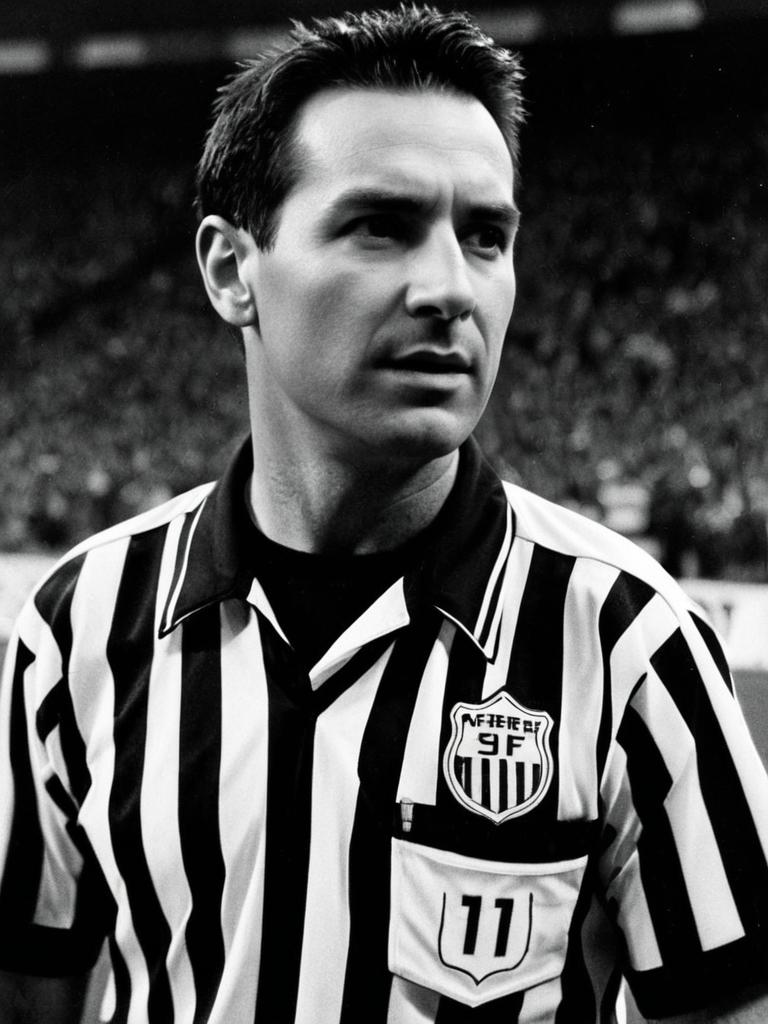 Black and White Vintage Portrait of Male Sports Referee in Striped Uniform
