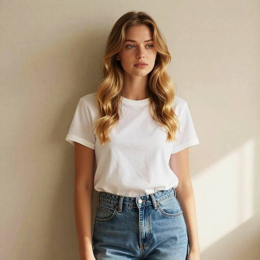 Young Woman in White T-Shirt and High-Waisted Jeans Against Neutral Background