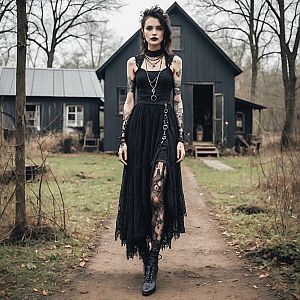 Gothic Woman in Black Dress by Rustic Cabin