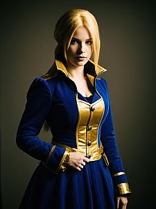 Woman in Realistic Amy Sorel Cosplay Costume Blue and Gold Outfit