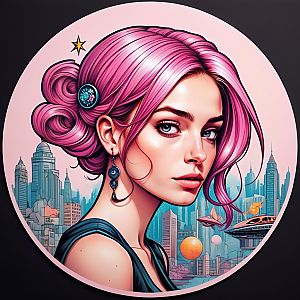 Young Woman with Pink Hair in Futuristic Cityscape