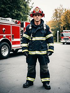 Man in Firefighter Costume Full Body Cosplay Photorealistic Stock Photo