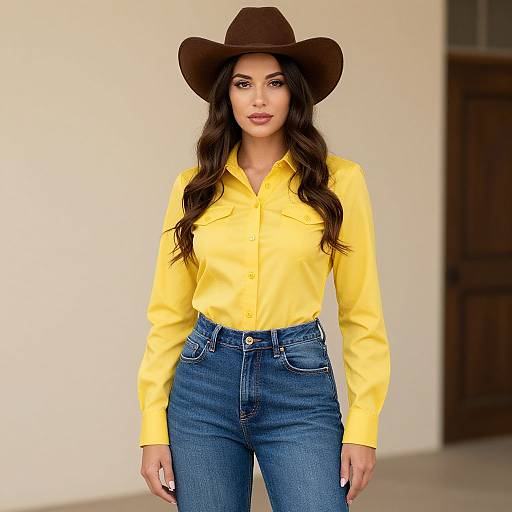 Confident Woman Wearing Yellow Shirt and Brown Hat in Modern Casual Style