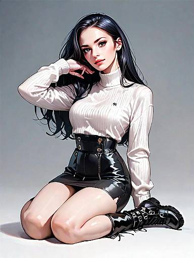 Realistic Comic Style Illustration of Woman in Turtleneck and Leather Skirt Full Body