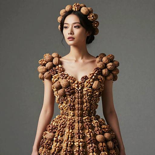 Woman Wearing Artistic Walnut Dress and Headpiece Fashion