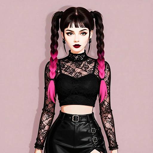 Gothic Style Woman with Pink Ombre Braided Pigtails and Lace Crop Top