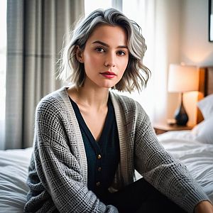Thoughtful young woman with gray hair in cozy room
