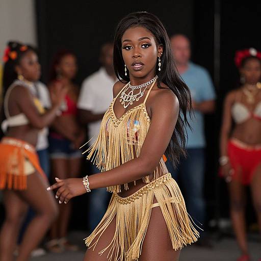 Woman in Gold Fringe Costume Performing at Carnival Event