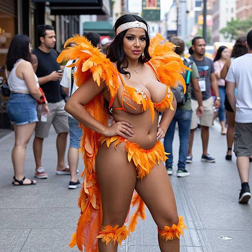 Woman in Vibrant Orange Feather Carnival Costume Posing on City Street