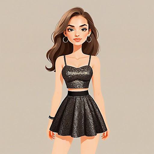 Stylish Woman in Black Two-Piece Outfit Digital Illustration