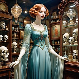Elegant Woman in Vintage Blue Gown in Antique Room