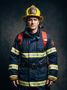 Man in Firefighter Costume Studio Cosplay Photo with Sharp Textures