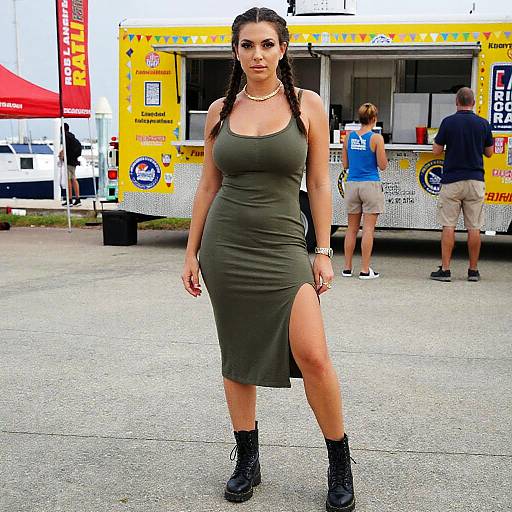 Woman in Olive Green Fitted Midi Dress with Side Slit and Combat Boots