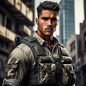 Rugged Man in Tactical Gear in Urban Setting