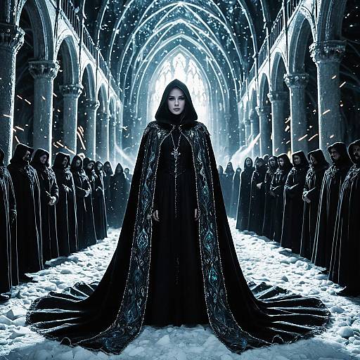Gothic Fantasy Woman in Ornate Cloak Surrounded by Hooded Figures in Cathedral