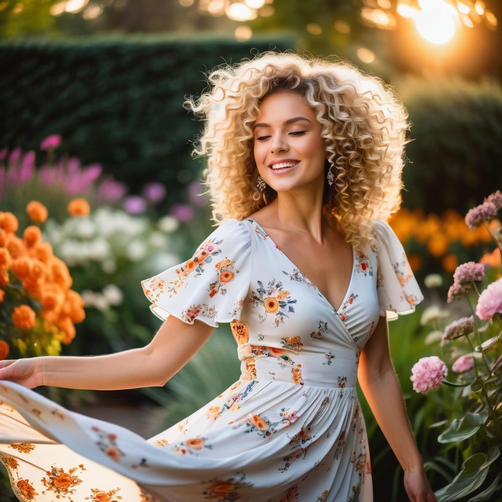 Joyful Woman in Floral Dress Twirling in Garden Joyful Woman in Floral Dress Twirling in Garden