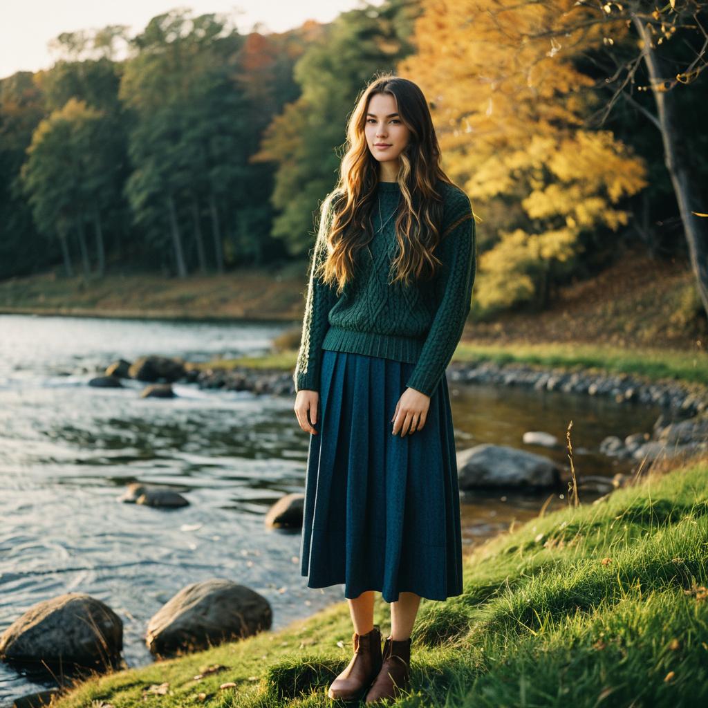 Young Woman by Serene Riverside in Autumn