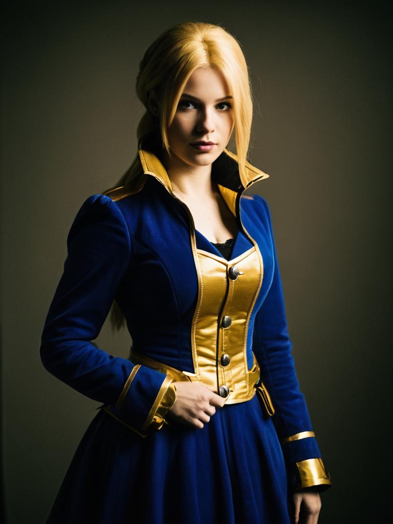 Woman in Realistic Amy Sorel Cosplay Costume Blue and Gold Outfit