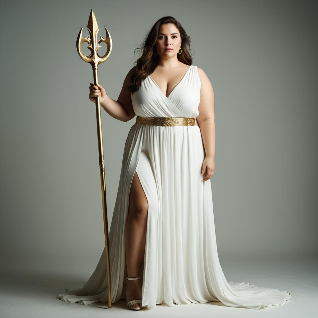 Plus-Size Woman in White Grecian Gown Holding Golden Trident Plus-Size Woman in White Grecian Gown Holding Golden Trident