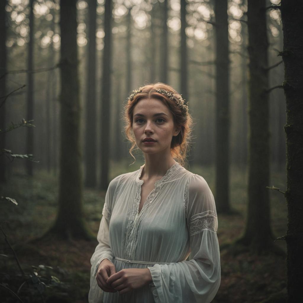 Serene Woman in White Dress in Misty Forest