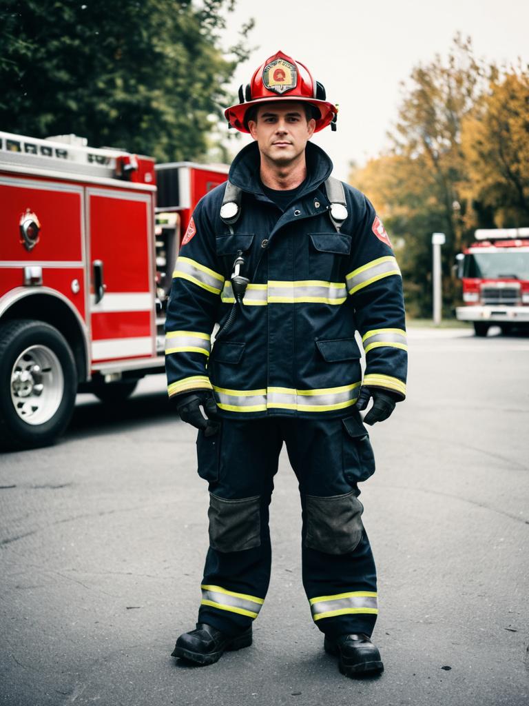 Man in Firefighter Costume Full Body Cosplay Photorealistic Stock Photo