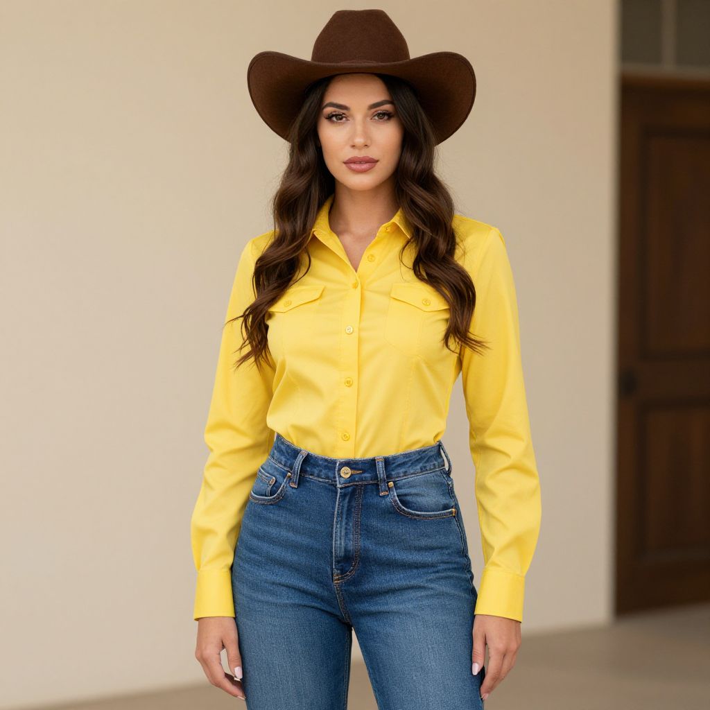 Confident Woman Wearing Yellow Shirt and Brown Hat in Modern Casual Style