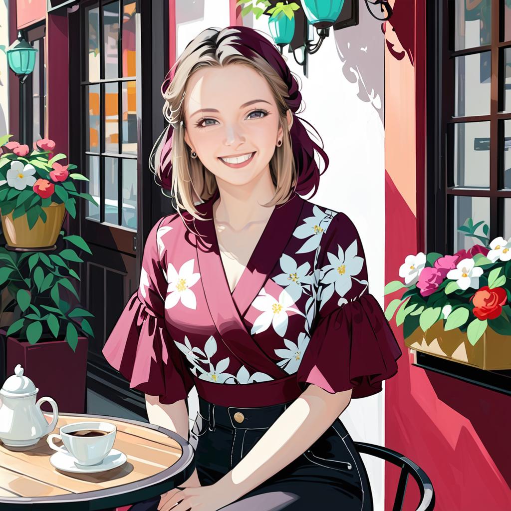 Smiling Woman in Modern Kimono at Cafe