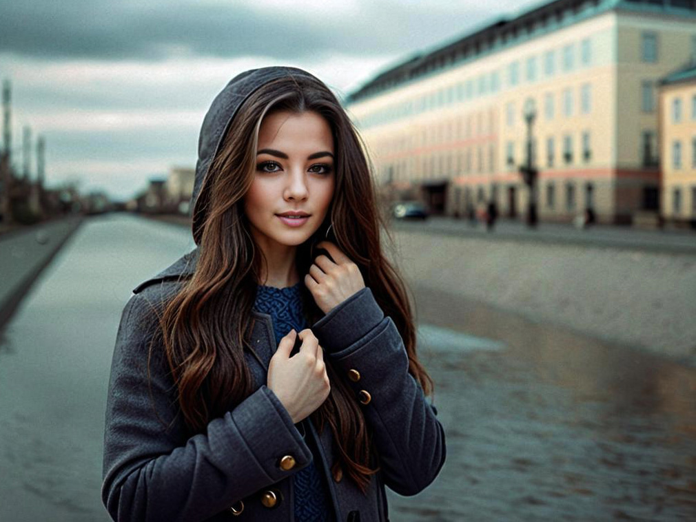 Young Woman by Water in Gray Coat