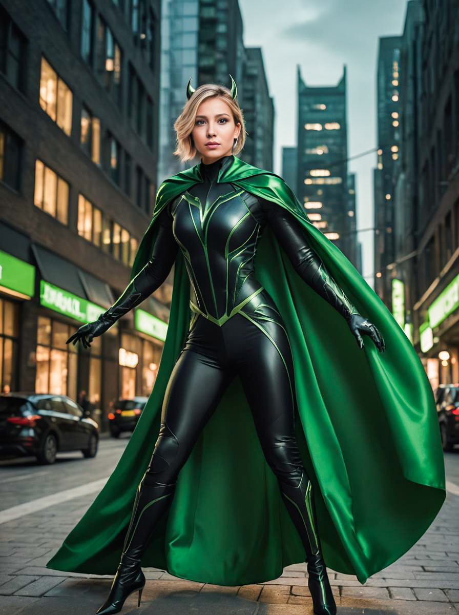 Confident Woman in Green and Black Superhero Costume