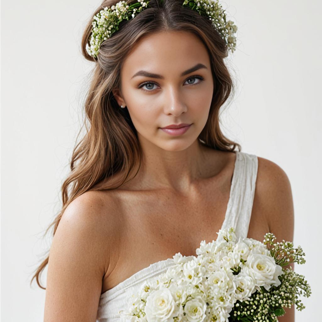 Minimalistic Bridal V-Neck Dress with Bouquet