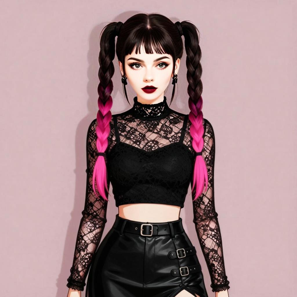 Gothic Style Woman with Pink Ombre Braided Pigtails and Lace Crop Top