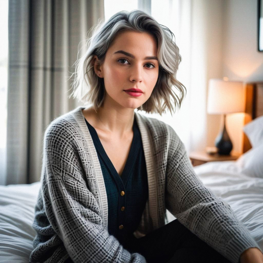 Thoughtful young woman with gray hair in cozy room Thoughtful young woman with gray hair in cozy room