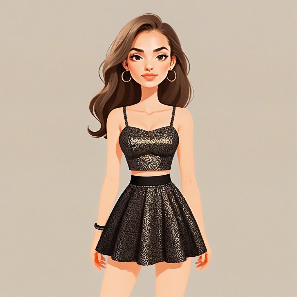Stylish Woman in Black Two-Piece Outfit Digital Illustration