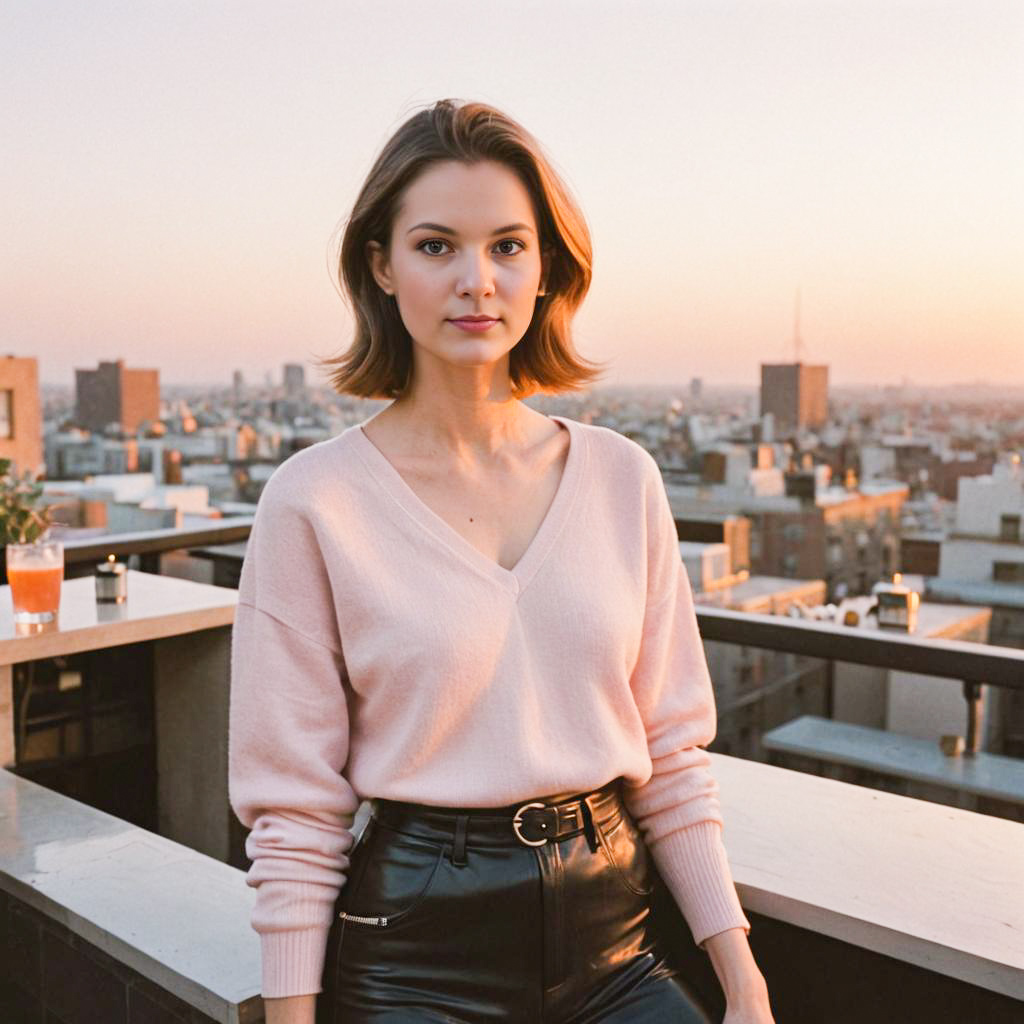 Stylish Woman at Sunset in Vibrant City